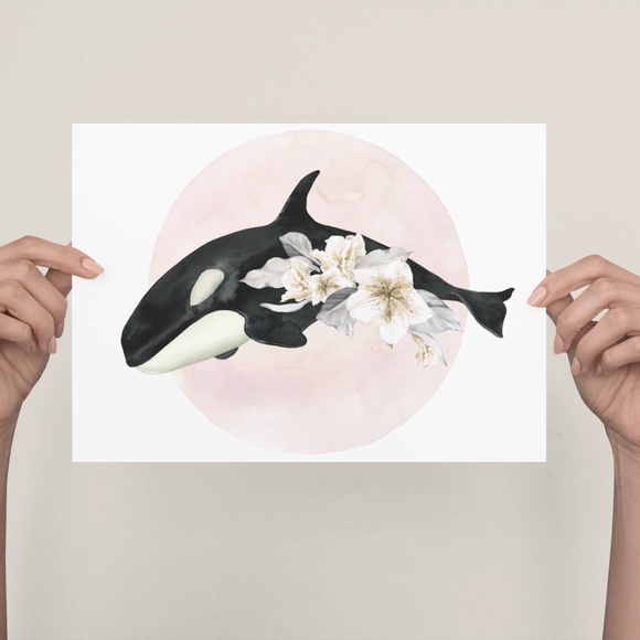 Watercolor Floral Whale Wall Art Illustration Print Poster Card Unframed - Picture 3 of 5